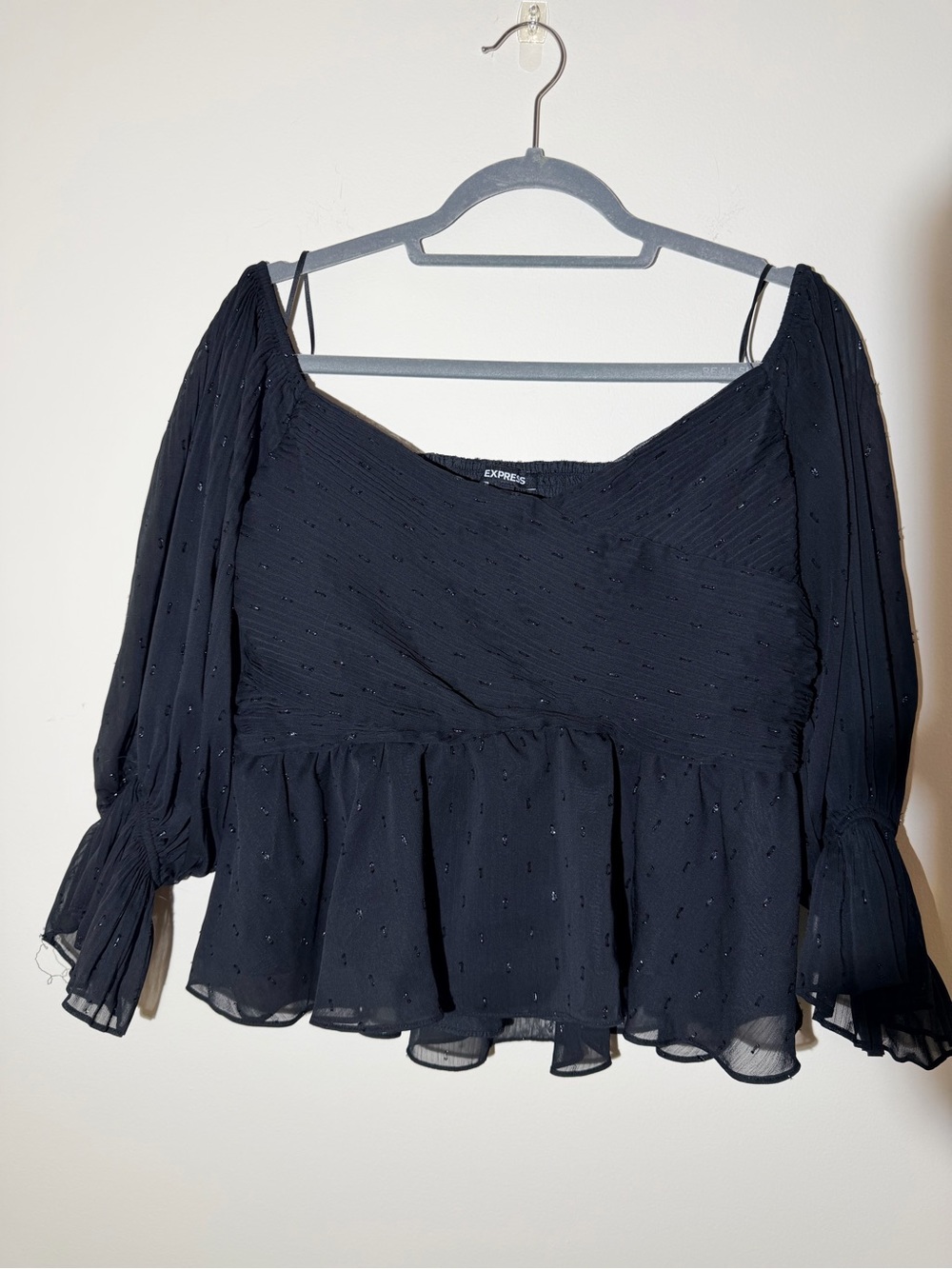 Express Black Peplum Long-Sleeve Blouse with Square Neck
